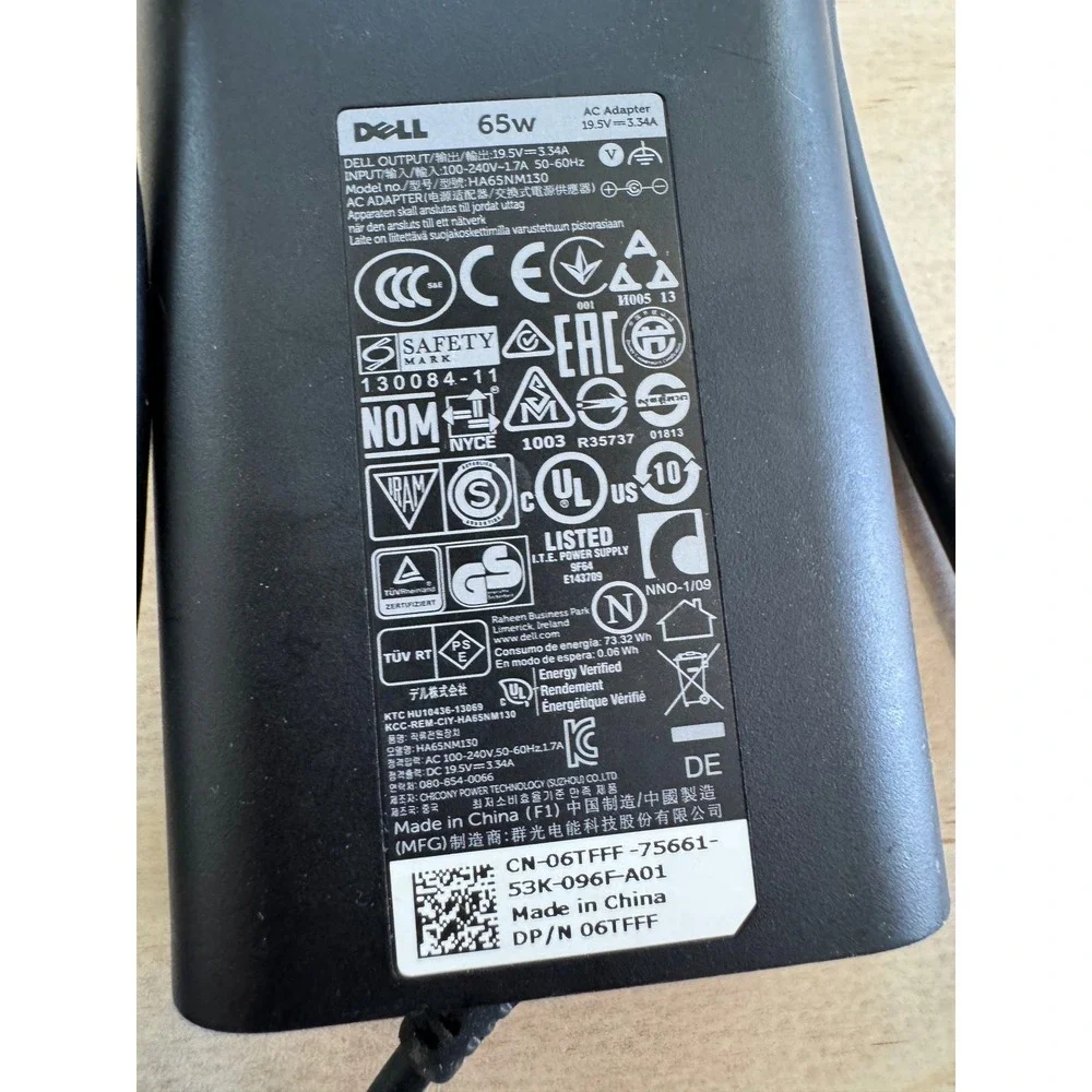 Dell 65W AC Adapter Laptop Charger 19.5V 3.34A HA65NM130 06TFFF Power‎ Supply